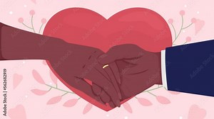 Animated wedding ceremony. Getting married. Groom placing ring on bride finger close up 4K video footage. Valentines day. Flat color 2D cartoon first view hands animation with pink background