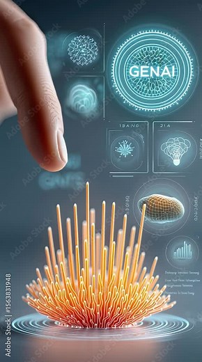 GenAI brainstorming dashboard in corporate workflow environment, hands typing prompt into GenAI system while ideas animate visually on dashboard, with immersive use of GenAI brainstorming dashboard