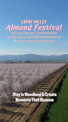 🌸Save the Date!🌸 The 2026 Almond Festival is happening February 21–22, 2026 in the Capay Valley! For festival details visit espartoregionalchamber.com Looking for a place to stay? Head to visitwoodland.com/hotels/ Bring your friends, bring your family, and let’s support local while enjoying the stunning almond blooms across the Capay Valley! 🌼 #visitwoodland #familyfun #capayvalley #almondfestival #northerncalifornia | VisitWoodland