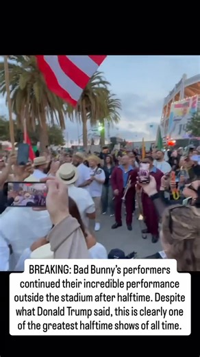 Democratic Wins Media on Instagram: "BREAKING: Bad Bunny’s performers continued their incredible performance outside the stadium after halftime. Despite what Donald Trump said, this is clearly one of the greatest halftime shows of all time. Follow @democraticwinsmedia and @reallyamericanmedia for more."