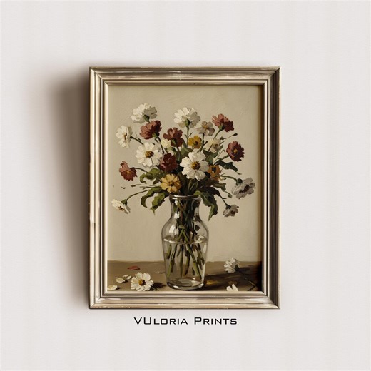 Vintage Floral Vase Painting | Antique Botanical Bouquet Print | Rustic Farmhouse Wall Art (digital Download) - Etsy