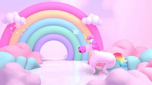 Looped cartoon rainbow land with unicorn animation.