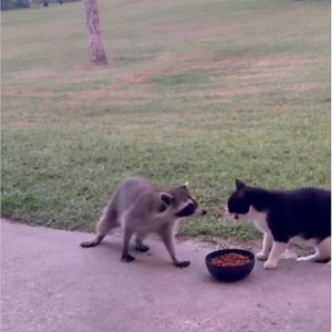 Raccoon in "secret agent mode" — walking on two legs to steal cat food! 🦝😲 The cat was left absolutely stunned! #AnimalWorld #RaccoonThief #CatVsRaccoon | ShanghaiEye