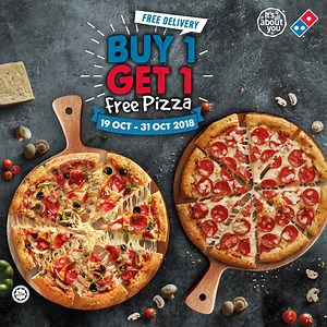It's baaack! Get our Buy 1 🍕 Free 1 🍕 Deal to get the most bang for your buck 💰! Pair it with our Pepsi Black (1.5L) and you'll stand a chance to win a brand new Honda City, Samsung Galaxy S9, VR Set, and more! Order here to get the best value: http://bit.ly/Buy1Get1FreePizzaNow | Domino's Pizza Malaysia