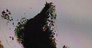 Broken display. Damaged matrix. Black ink cracked liquid crystal screen spills over pixel grid with iridescent shimmer. Monitor glitch problem overlay.