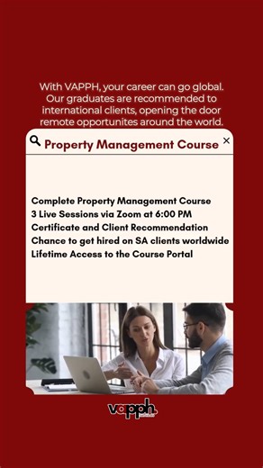 🌍 Build a global career without leaving your home. Our Complete Property Management Course at Virtual Assistant Portal PH is designed to prepare you for real opportunities with international clients. Learn the essential skills needed to manage properties remotely, communicate professionally with clients, and confidently handle day-to-day property management tasks. This course is perfect for aspiring Virtual Assistants who want to enter the real estate and property management industry, work from