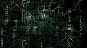 Zoom in road map of Houston Texas with green glowing roads on a black background. Stock Video