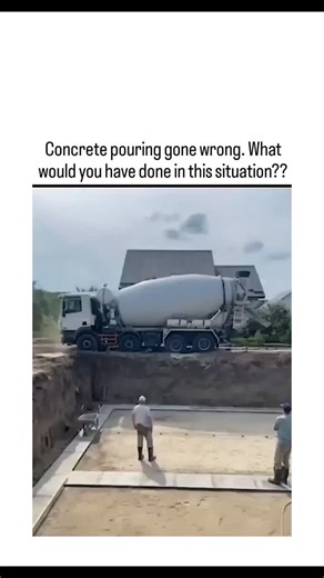 GLOBAL REEL HUB on Instagram: "#The video captures a real 2025 incident in Anjuna, Goa, where a concrete mixer truck tips into a 15-20 foot excavation trench during pouring, with workers escaping unharmed but the driver injured, highlighting risks of overloading unstable edges. Prevention relies on using concrete pumps for deep pours instead of direct truck placement, as soil compaction fails under a loaded mixer's 30+ ton weight, per OSHA guidelines on excavation stability. The post sparks 441