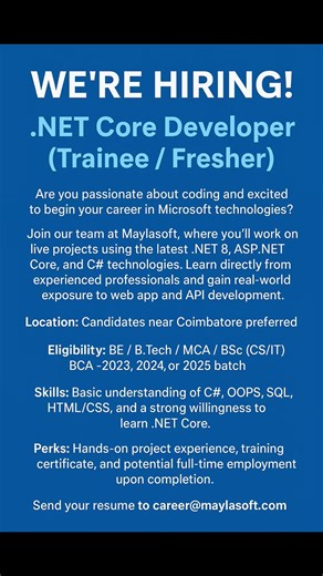 .Net Core #developer #freshers #job #hiring #update #software #coimbatore #jobsearch #hirespot