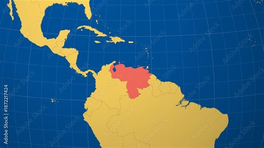 Venezuela on Globe. Animated zoom into the country in Ocean Blue Golden Yellow color palette. Venezuela logo animation. Map with meridians, parallels. Modern video.