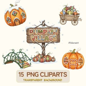 Snowy Pumpkin Village PNG • 15 Digital Clipart Files • Transparent Background •