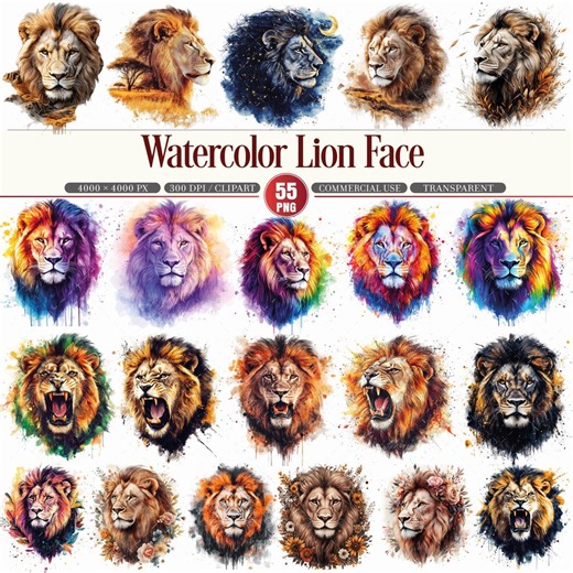 Watercolor Lion Face Clipart Bundle PNG - Etsy