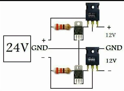 electronics on Instagram: "Dual 12V Power Supply Circuit Using TIP3055 and TIP2955 Transistors with 24V Input Source #electronics #education #circuit #trending #simulation #ai #viralreels #technology"