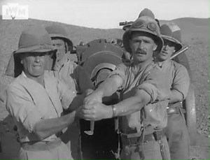 British soldiers load and fire a 6-inch 30cwt howitzer in the desert during the Battle of Ramadi, Mesopotamian Front, 28-29 September 1917. Film: IWM 59 | Imperial War Museum London