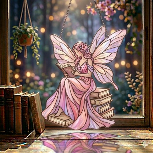 Reading Fairy Stained Glass Style Acrylic Book Lover Window Suncatcher