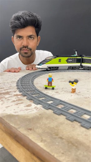 Lego High Speed Passenger Train Old Man Skating On Tracks