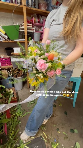 Our fav new trend at the shop this spring ☺️ Prom bouquets available for your special occasions coming up! Call or text the shop to place an order! 🪩🌸 | Primarily Plants & Floral