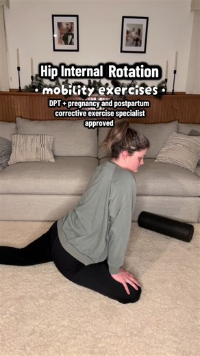 Hip internal rotation mobility — DPT & pregnancy/postpartum corrective exercise specialist approved ✅ These mobility exercises focus on improving hip internal rotation, which plays a HUGE role in postpartum recovery. Why this matters 👇 ✨ Helps open the pelvis ✨ Gently lengthens and relaxes the pelvic floor ✨ Supports optimal pelvic floor function ✨ Reduces hip, pelvic, and low back pain ✨ Can improve unwanted symptoms like pelvic pain, pressure, or leaking When hip internal rotation is limited,