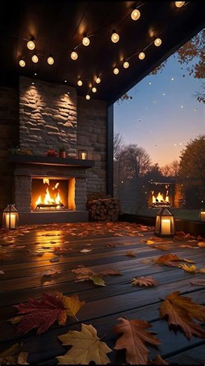 Autumn Fireplace Evening – Warm Lights, Falling Leaves & Cozy Ambience