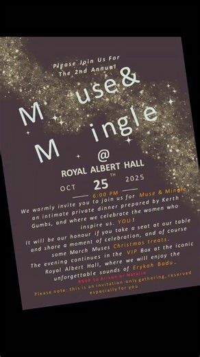 What an honour to have been an invited guest to the 2nd Annual Muse & Mingle hosted by Natalie Duvall @natsduv and Alison Burton @aliburt23 CEO's of @MarchMuses at @royalalberthall last Saturday 25th October. The company was unforgettable and inspiring. The food was a triumph! Not to mention the extra treat of an Erykah Badu show celebrating 25 years of #WorldwideUnderground Muse & Mingle @marchmuses @natsduv @aliburt23 @remel_london @jackiegmichaels @zezemillz @tfrcharlotte @priscillaanyabu_ @f