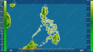 Average temperature by month in the Philippines area with animated legend - glowing shape, administrative borders, main cities, capital. Stereographic projection