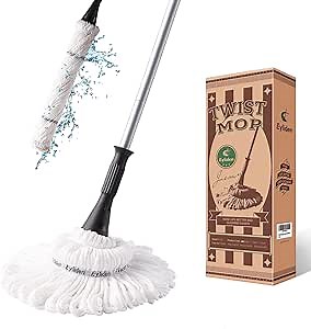 Eyliden Mop with 2 Reusable Microfiber Heads, Easy Wringing Twist Mop, 57.5 inch Long Handle, Wet Mops for Floor Cleaning, Commercial Household Clean Hardwood, Vinyl, Tile, and More (White)