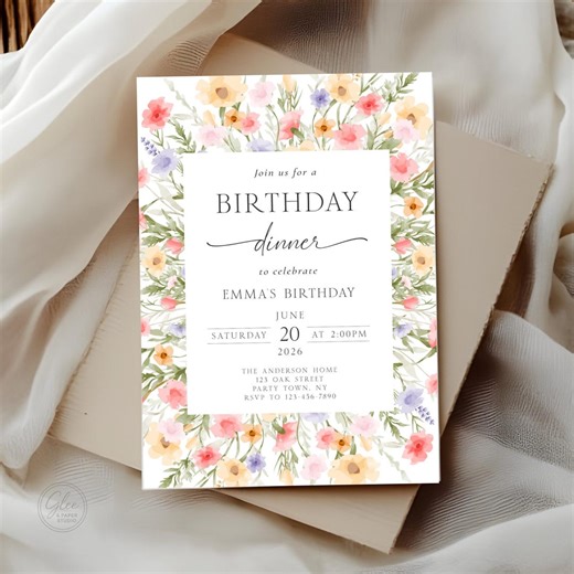 Floral Birthday Dinner Invitation, Editable Watercolor Flowers Party Invite (digital Download) - Etsy