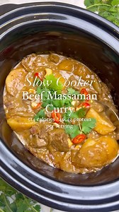Slow Cooker Beef Massaman Curry, follow @archerkitchen for more This is my melt in your mouth Slow Cooker Beef Massaman curry, so flavourful and so easy to make, truly a must try. Let’s go: Ingredients: Serves 5 (514 calories and 46.4g protein per serving) 1 large onion 1 tbsp minced garlic 450g potatoes chopped 1 red or green chilli 1 tbsp minced garlic 4 dried or fresh lime leaves 3 cardamon pods 1 tbsp fish sauce 1 tbsp brown sugar 750g diced stewing beef 1 tbsp olive oil 1 tbsp cornflour 100