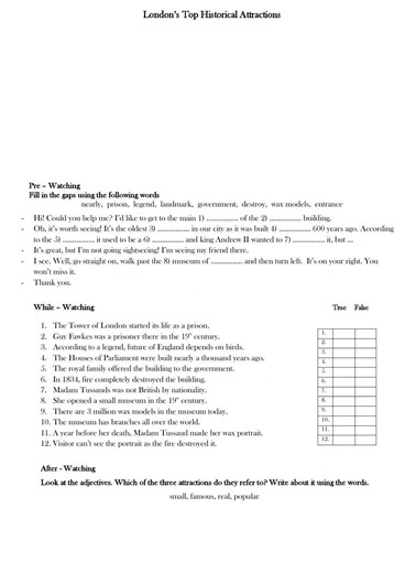 London's top historical attractions worksheet