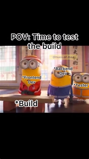 🌷 on Instagram: "Build: “Ready” ✅ Testers: Unleash chaos 💣 Frontend, backend, QA… and one confused manager watching it all fall apart 😭 . . . Follow for more: @hues.of.maa . . . [developer meme, build testing, QA fails, software dev life, code chaos, IT humor, office breakdown, daily standup madness] . . . #developerlife #techhumor #devmemes #qaengineer #frontenddev #backenddeveloper #buildfail #bugslife #itmemes #debugginglife #foryoupage #trendingreels #viralmeme #codermemes #relatablehumor