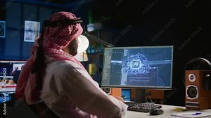 System administrator in personal office running programming scripts on computer, solving tasks. Skilled programmer manipulating lines of code for artificial intelligence applications development