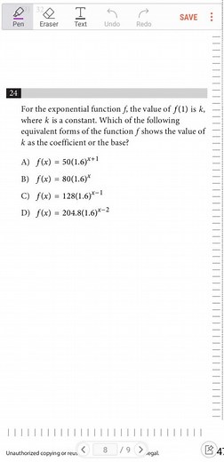 24For the exponential function f, the value of f ( 1 ) is k, w... | Filo