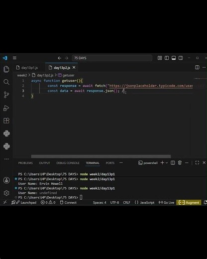 Day 13 Async Await Practice 🔄 #shorts #coding #viralvideo #programming #youtubeshorts #javascript