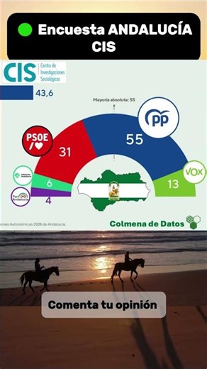 🟢 Encuesta ANDALUCÍA CIS🟦 PP (55)🟥 PSOE (31)🟩 Vox: (13)🟩 Adelante Andalucía: (6)🟪 Por Andalucía: (4)