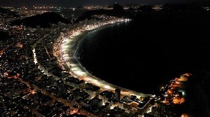 Rio de Janeiro, Brazil. Panorama night landscape of landmark city. Night life at Copacabana Beach downtown city of Rio de Janeiro. Copacabana beach, Rio de Janeiro at night. Night city, Copacabana.