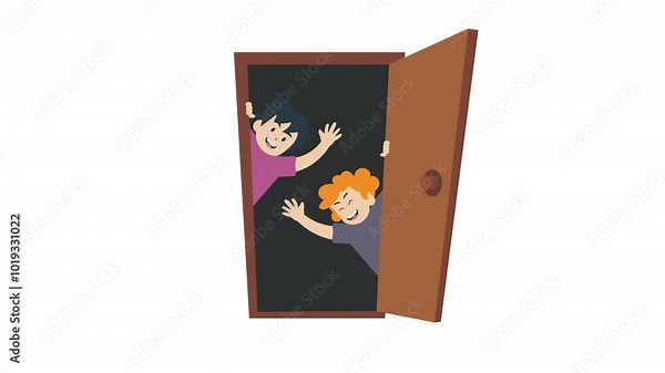 cartoon animated illustration of welcome, 2 child characters open door waving, plain background isolation, alpha channel, looping animation
