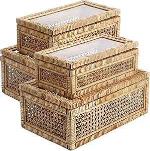 Barydat 4 Pcs Rattan Storage Box with Glass Top Lids, Set of 2 Sizes, Rectangular Woven Display Boxes with Firm Wood Frame Boho Rattan and Cane Display Baskets for Home Decoration Organization