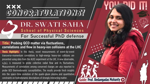 NISER on Instagram: "𝗦𝘂𝗰𝗰𝗲𝘀𝘀𝗳𝘂𝗹 𝗣𝗵𝗗 𝗗𝗲𝗳𝗲𝗻𝗰𝗲! Ms. Swati Saha, a researcher affiliated with the School of Physical Sciences at NISER, has recently accomplished the successful defense of her doctoral thesis. The title of her thesis, "Probing QCD matter via fluctuations, correlations and flow in heavy-ion collisions at the LHC," was conducted under the expert mentorship and guidance of Prof. Bedangadas Mohanty. 𝗧𝗵𝗲𝘀𝗶𝘀 𝗛𝗶𝗴𝗵𝗹𝗶𝗴𝗵𝘁𝘀: In this thesis, novel measurements