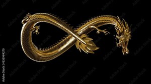 Golden East Asian Dragon Symbol of Power of Wealth and Wisdom. Animated Traditional Oriental Dragons in Motion. Vivid 3D Fantasy Animals in Chinese Culture. Shiny Gold Dragons Flying Looping Style 4K
