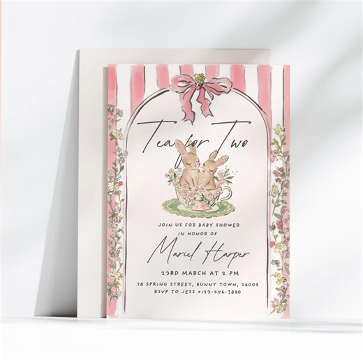 Tea for Two Vintage Two Teacup Bunnies Invitation Editable Template, Whimsical Twins Baby Shower, Birthday - Etsy