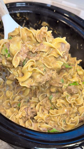 This crockpot beef stroganoff is a personal fav! Fulllll recipe lonkkkk in my bioooo #beefstroganoff #crockpotrecipes #slowcooker