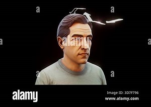 Conceptual 3D animation of a man with baldness and aging