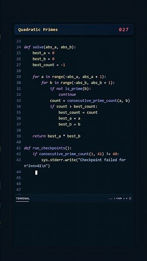 Project Euler #027: Quadratic Primes | Python #coding #python #programming