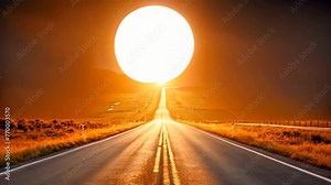 The sun sets over a wide open road, creating a peaceful and serene nature scene, Long highway road landscape in a rural area, AI Generated