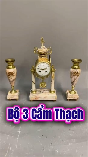 Bộ Đồng Hồ Tượng Đá Cẩm Thạch Pháp 3 Món, Mặt Men Hoa, Máy Cơ Chuông Chén