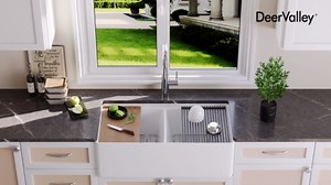 DeerValley Farmhouse Sink Workstation, 33 inch White Fireclay Apron Front Farm Sinks, Double Bowl Deep Drop-in Undermount Sink with Workstation Accessories