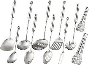 18/10 Stainless Steel Kitchen Utensils Set - 15” All Metal Cooking Tools, 11PCS - 2 Tongs, Fork, Solid Spoon, Slotted Spoon, Spatula, Soup Ladle, Skimmer, Slotted Spatula, Spaghetti Spoon, Large Spoon