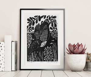 Diving Loon Linocut Block Print, Original Wall Art Print for Nature Lover - Etsy