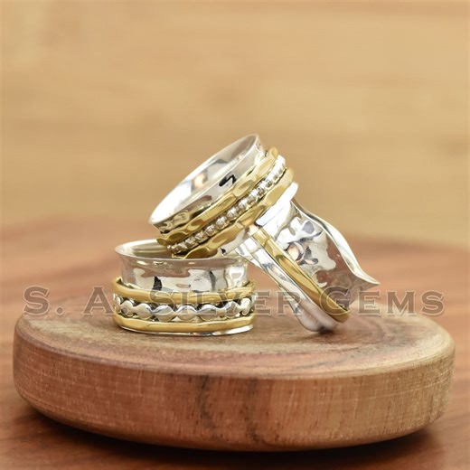 925 Sterling Silver Spinner Ring: Hammered Two Tone Meditation Band - Etsy