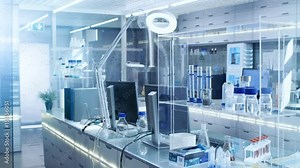 Bright and Ultra Modern High Tech Laboratory Full of Advanced Technological Wonders, Computers, Analyzing Machines, Test Tubes and Beakers. Shot on RED EPIC-W 8K Helium Cinema Camera. Stock Video